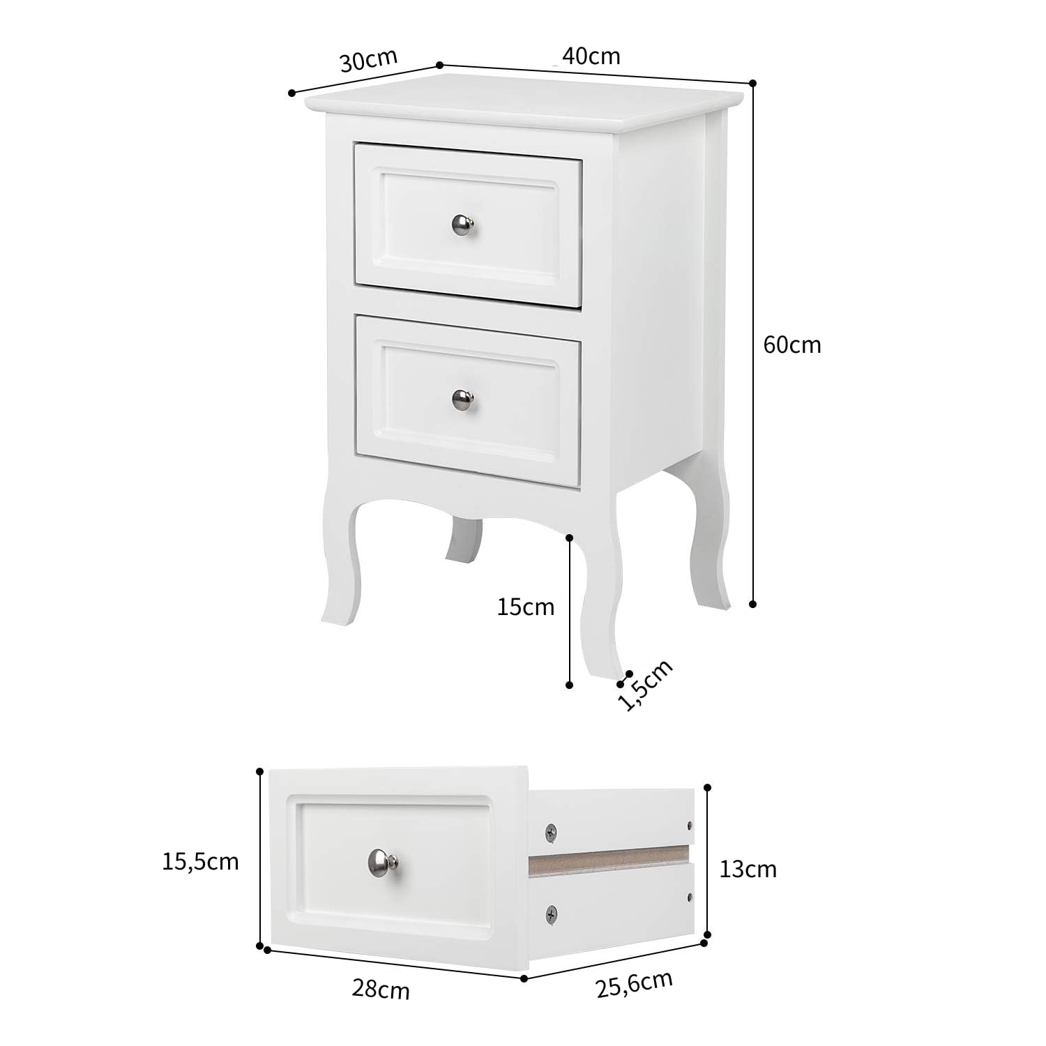 Bonnlo Nachttisch 2er Set, Beistelltisch Weiss, Nachtschrank mit 2 Schubladen, Nachtkommode Boxspringbetten, Kommode Schlafzimmer, 40 x 30 x 60 cm