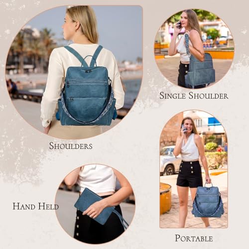 Image of Backpack Purse for Women, Waterproof PU Leather Back pack, Anti-Theft Women Backpack, Lightweight Fashion Multipurpose Shoulder Bag Handbag, Blue