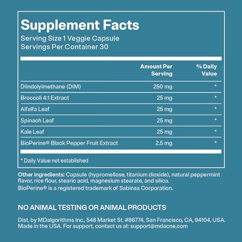 MDacne DIM Skin Clearing Supplements (30 Vegan Capsules) - for Acne Treatment, Estrogen Balance, Hormone Menopause Relief & Bodybuilding, Cruciferous Extract & Bioperine (30 Count (Pack of 1)) - Image 6