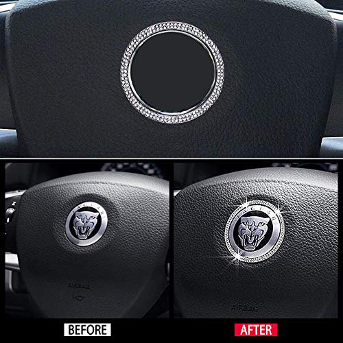 CARFIB Car Interior Bling Accessories for Jaguar XF XK-Series 2013 2014 2015 Steering Wheel Emblem Logo Ring Decals Sticker Cap Cover Parts Decoration Trim Men Women Zinc Alloy Crystal Sparkly Silver