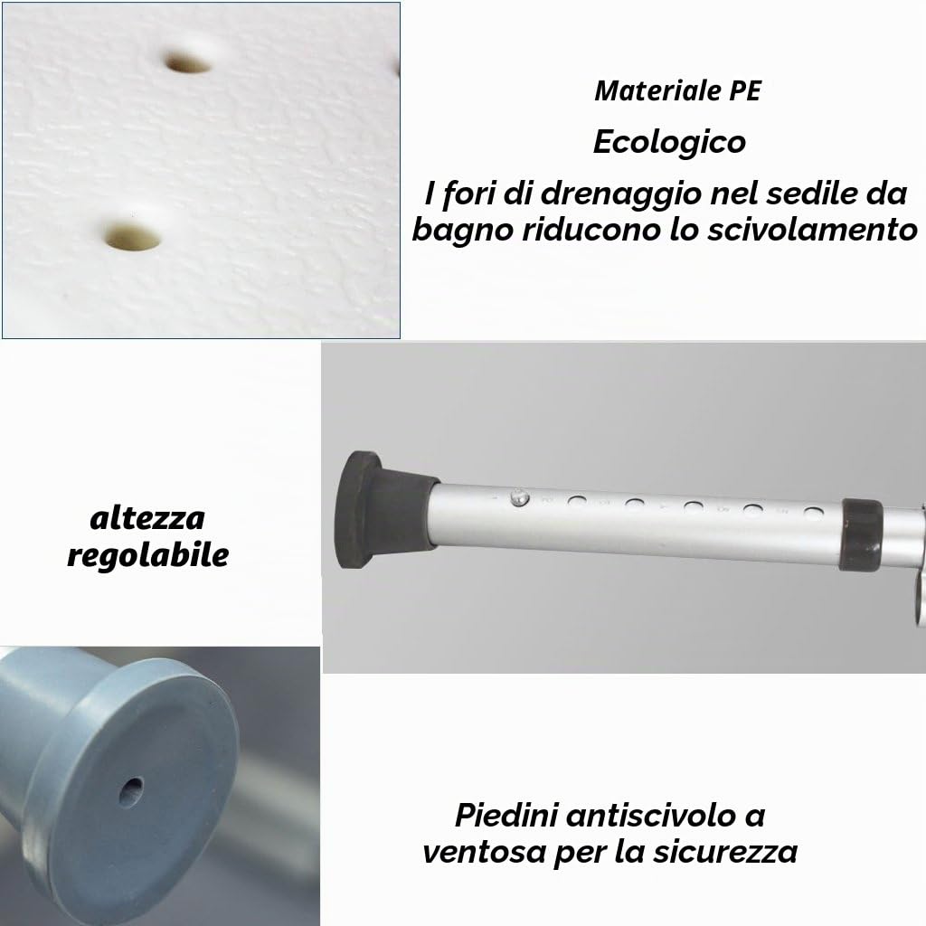 Sedia per Doccia in Acciaio Inox Sgabello per Anziani/disabili Sedia Antiscivolo per Doccia con Maniglia 6 Altezza Panca per Vasca Sgabello per seggiolino Bianco Max. 136kg