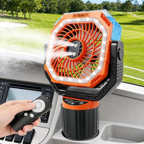 Roykaw Golf Cart Misting Fan Rechargeable 48+ Hrs Long Runtime Large Golf Cart Fan Golf Fan with 4 Wind Speeds/ 3 Brightness Levels/ 2 Spray Modes/ 2 Bases/Auto-oscillating