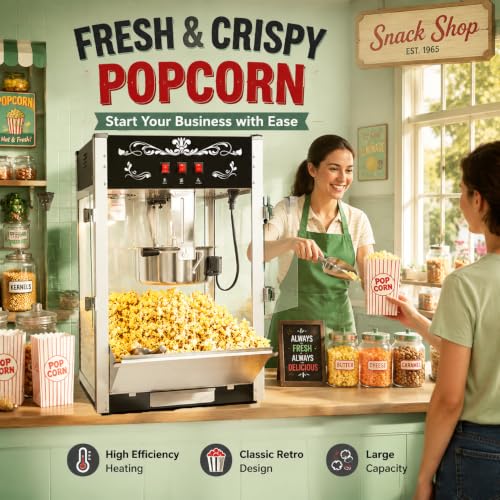 Image of Commercial Popcorn Machine With 20 OZ Kettle for Theater Style, Black | Countertop Popcorn Machine Stainless Steel, 3-Switch Control, for Home, Movie Night, Parties, Office, School, Business