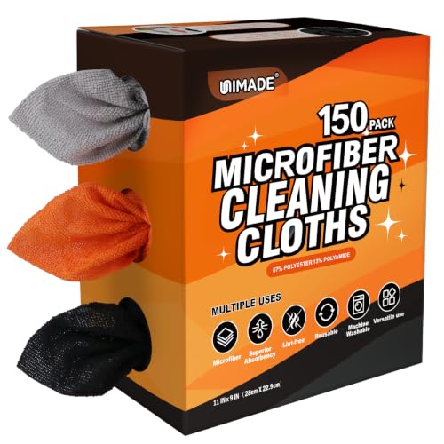 Image of UNIMADE Microfiber Cleaning Cloth, 150 Pack Microfiber Towels for Cars | Reusable Paper Towels Lint Free Shop Rags with Box for Home Kitchen Automotive, 11 inchx 9 inch, Grey & Orange & Black