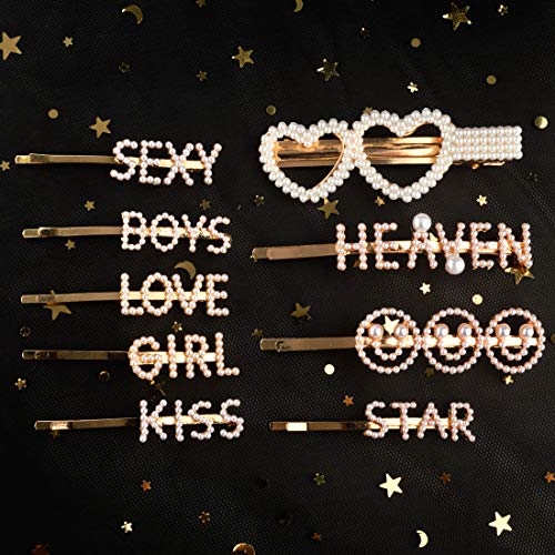 9 PCS Gold Word Letter Hair Clip Hair Pins Sparkling Bling Elegant Pearls Barrettes Metal Alligator Bobby Hairpins Handmade Hair Jewelry
