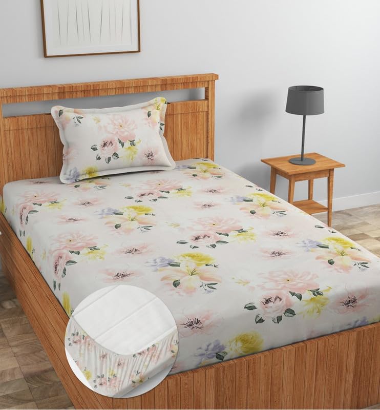 Image of NEW LEAF Premium Cotton Elastic Fitted Bedsheets with 1 Pillow Covers |Solid or Plain Single Bed Elastic 220 TC Supersoft Breathable & Wrinklefree | for 72x36+6 Inches, White Pink
