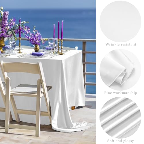 Image of TURSTIN 8 Packs White Satin Tablecloth 102 x 58 Inch Overlay Satin Table Cover Rectangle Bright Silk Tablecloth Smooth Fabric Table Decoration for Wedding Banquet Party Events