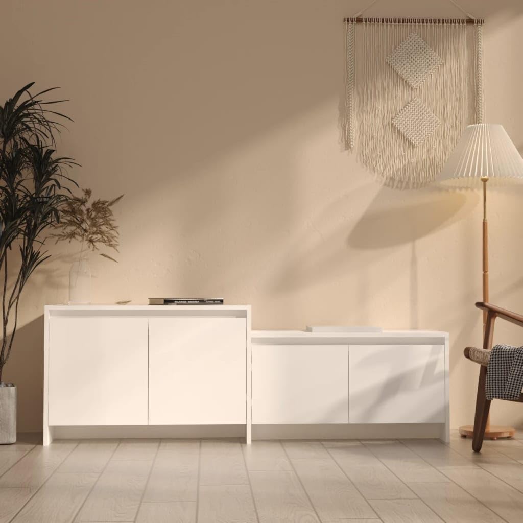 Szafka TV biała 146,5 x 35 x 50 cm, materiał drewnopochodny, 4 drzwi, trwała, do salonu, konsola medialna, uniwersalna podstawka pod telewizor, łatwy montaż