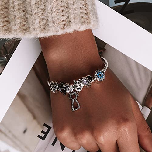 BISAER Evil Eye Bracelet Sterling Silver Clasp Charm Bangle Bracelet for Bead Charms with Sapphire Gemstones Evil Eye Clip Lock Stopper(17/19cm/ 21cm) - Image 6