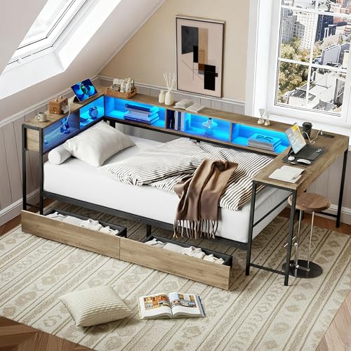 EYATZO Twin Corner Bed Frame with Bookcase and Desk, Twin