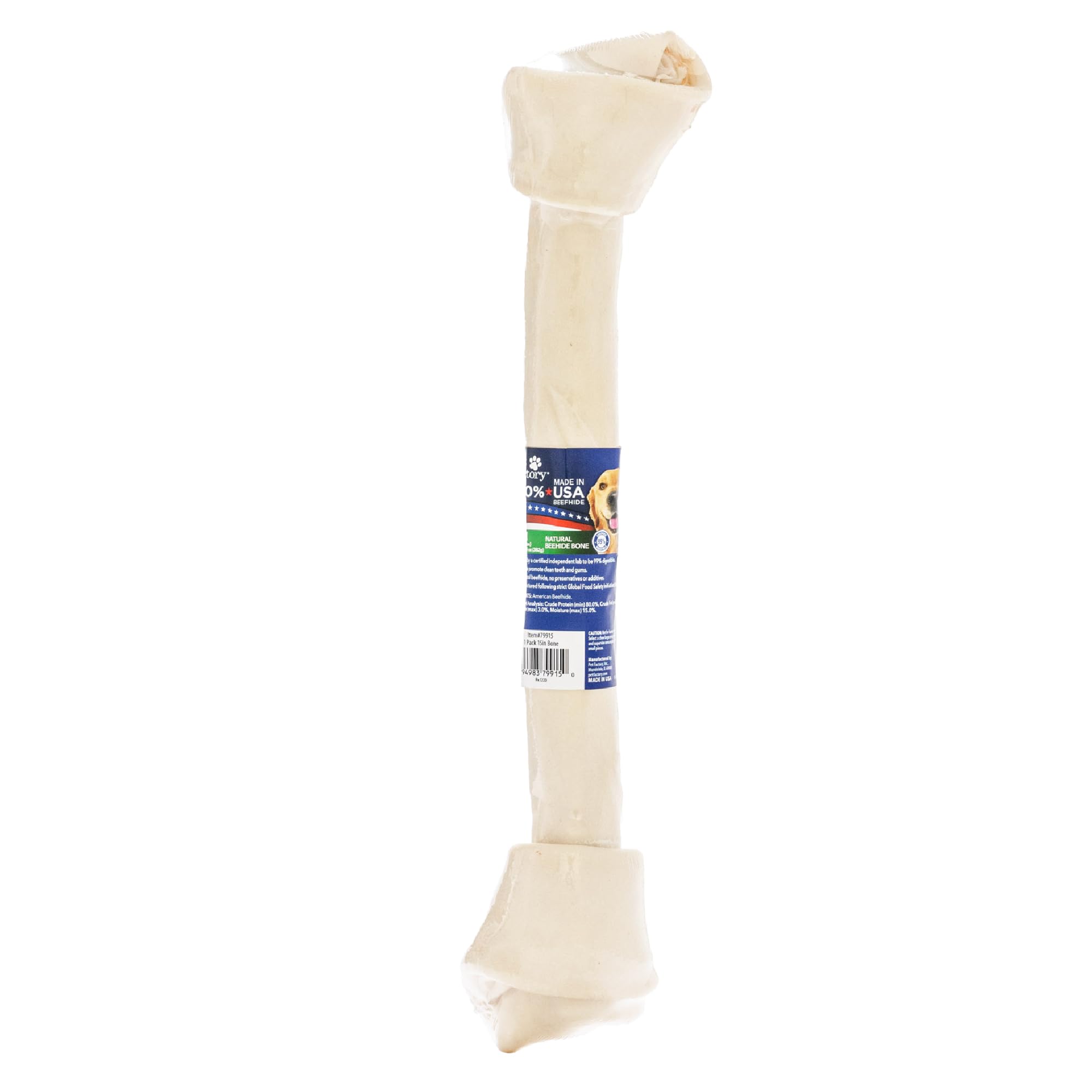 Pet Factory 100% Made in USA Beefhide 15-17" Knotted Bone Dog Chew Treat - Natural Flavor, 1 Count/1 Pack