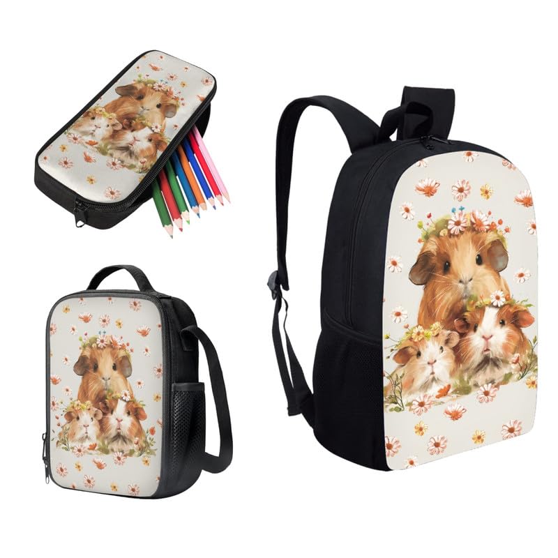 Cartoon Guinea Pig Family 17 Inch Kids Bookbag Guinea Pig Parent-Child Boy Backpack and Lunch Bag Pencil Case Funny Animal Flower Casual Elementary School Bags Bookbag3