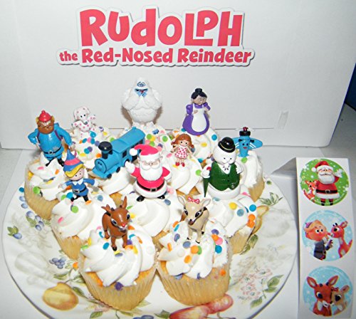 Rudolph the Red Nosed Reindeer Figure Set of 12 Mini Cake Toppers / Cupcake Decorations Party Favors with Monster Bumble, Misfit Toys, Santa Etc and Special Sticker Sheet
