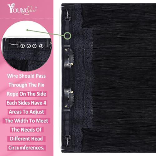 Image of YoungSee Wire Hair Extensions Real Human Hair Jet Black Hair Extensions Wire Black Fish Line Human Hair Extension Long Straight Hair 20In 105G