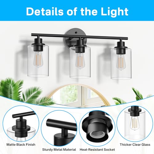 Image of Modern Black Bathroom Light Fixtures over Mirror - 3 Light Bathroom Vanity Light Wall Sconces lighting with Clear Glass Shade Vanity Lights for Bathroom, Kitchen, Bedroom, Hallway and More Scenarios