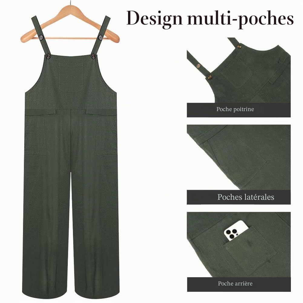 Salopette Femme, Combinaison en Coton Ample et Décontracté Femme avec Bretelles Réglables et Poches, Salopette de Travail Ete Fluide Chic, Pantalon de Travail D'été Ample