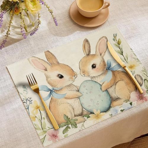 Juego De 8 Manteles Individuales para Mesa De Comedor con Estampado Ilustración Vintage, Manteles Individuales De Lino, Resistentes Al Calor, Antideslizantes (Animales De Pascua)