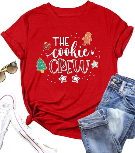Christmas Shirts for Women The Cookie Crew Christmas T Shirt Cute Xmas Tree Tee Gingerbread Baking Tops(C-Red3,M)