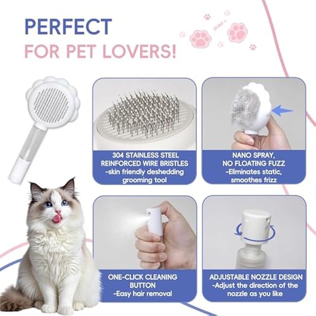 Cat Brushes For Indoor Cats, Cat Shedding Brush With Pet Flea Comb & Pet Nail Clippers, Slicker Brush For Dogs & Rabbit Grooming Kit, Spray Hair Removal Comb With Release Button & Visual Spray, White-yyIC71jF