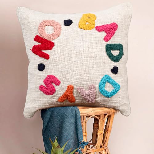 Image of HOMADORN 100% Cotton Hand Tufted Cushion Cover | Text Pattern Decorative Pillow Case | Boho Sofa Cushion Cover for Living Room | Soft & Durable | (16x16 Inches) (2, NO Bad Days Multicolor)