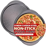 Gymdin Pizzablech für Backofen, 33 cm, perforiert, rund, antihaftbeschichtet, Karbonstahl, Pizzablech mit Griff, leicht zu reinigen und ofenfest, 2 Stück