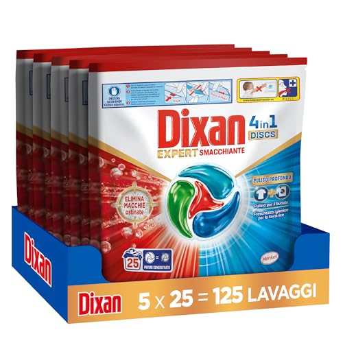 Dixan DISCS 4in1 Expert Smacchiante Detersivo Lavatrice, 5 confezioni da 25 Lavaggi, Capsule lavatrice per pulizia profonda del bucato e freschezza igienica per lavatrice, Rimuove le macchie da 20°C