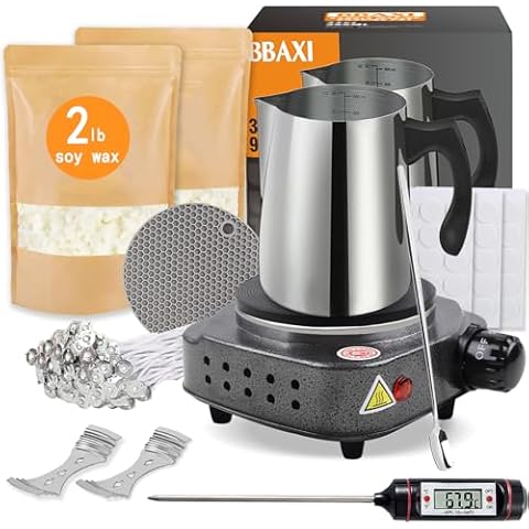 BBAXI Candle Making Kit with Electronic Hot Plate,Candle Wax Melter for Melting Wax,Including cadle Pot, Wax Melter hot Plate,2lb Soy Wax,Stain Spoon,Cotton Wicks,Center Devices,Wick,Thermometer. Cover