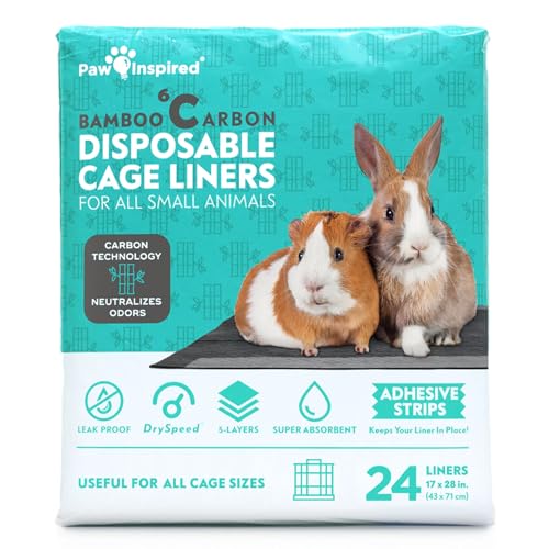 Paw Inspired Disposable Guinea Pig Cage Liners | Bamboo Charcoal Odor Controlling | Super Absorbent Liners Pee Pads for Ferrets, Rabbits, Hamsters, and Small Animals (28" x 17" (C&C 2 x 1), 24 Count)
