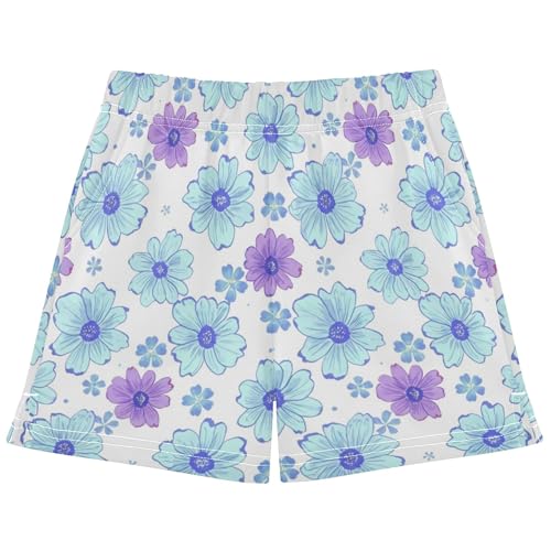 Girls Shorts Floral Light Blue Purple Flowers Athletic Kids Summer Clothes Youth Casual Pajama Sleepwear, X-Small