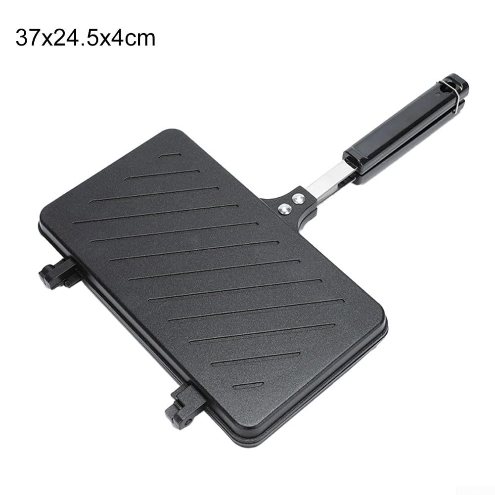 Poêle à sandwich double face anti-adhésive en acier noir à chaleur rapide pour gaufres, steaks, œufs au plat et cuisine en plein air 37 x 24 x 4 cm