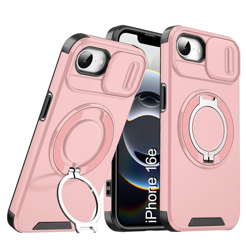 Image of LuxuryKase Shockproof Rugged Case for iPhone 16e | iPhone 17e | Slide Camera Cover | 360 Rotating Ring Kickstand | Military-Grade Protection - Rose Pink