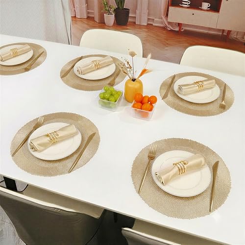Image of Yellow Weaves 1 Pc PVC Round Table Placemat, Dining Table Mat, Stain Resistant, Anti-Skid, Waterproof, Washable, Dining, Kitchen, Restaurant Table Set Easy to Clean, Durable (Zig Zag Golden)