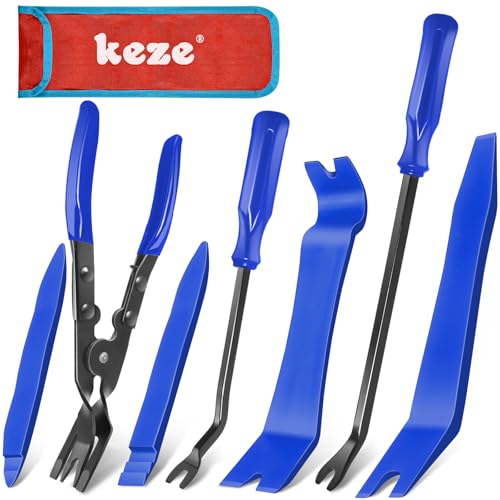 Image of Keze 7 Pcs Auto Plastic Trim Removal Pry Tool & Clip Plier Remover Kit for Removal Car Body Upholstery Door Panel Dashboard Automotive Push Rivets Fasteners-Blue