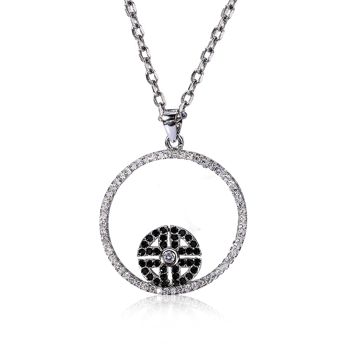 Mozume Circle Pendant Necklace Creativity Open Circle with Black Stone Round Dot Delicate Necklaces for Women Silver Plated Cubic Zircons