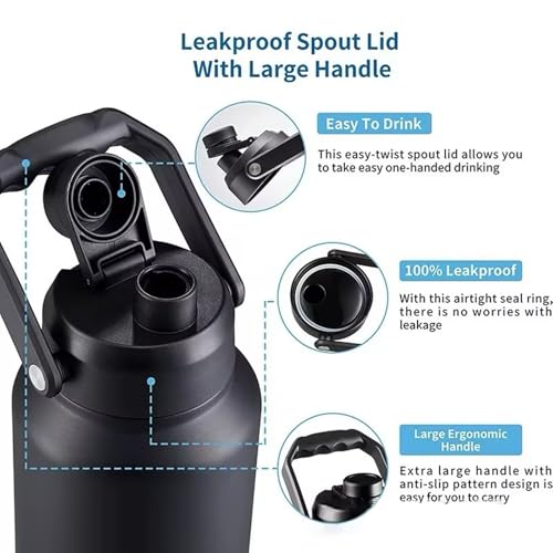 Image of 0.68 Gallon Large Insulated Water Bottle with Handle, 87 oz, Black, 2.57 L Tumbler Jug, Insulated Container, Insulated Jar, Leak-Proof, 304 SS Thermal Mug, Hot /Cold Beverages, Sports, Travel, Gym