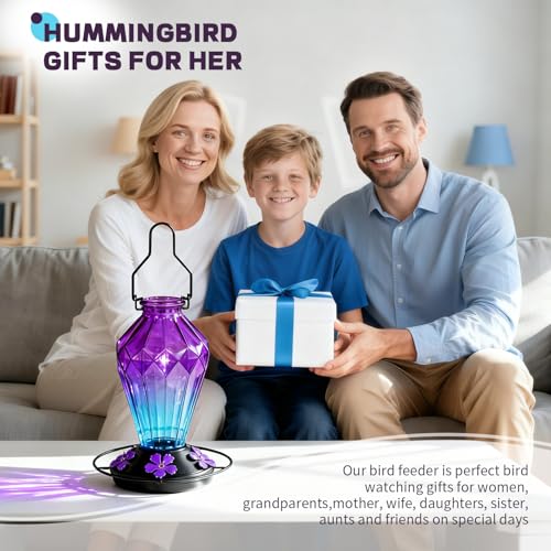 Image of 2 Pack Glass Hummingbird Feeder for Outdoors Hanging, 25Oz Humming Bird Nectar Feeder, Perch, 5 Flower Feeding Ports, Leak Proof Base, Hook for Outside Garden Backyard, Diamond Purple