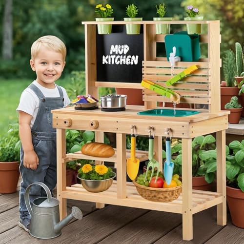 [DREAM BUILDING] Mud Kitchen for Kids Outdoor, Toddler Wooden Pretend Play Kitchen Playset with Sink, Cookware, Stove, Chalkboard, Faucet & Storage Shelves for Backyard Garden Toy Gift for Ages 3+