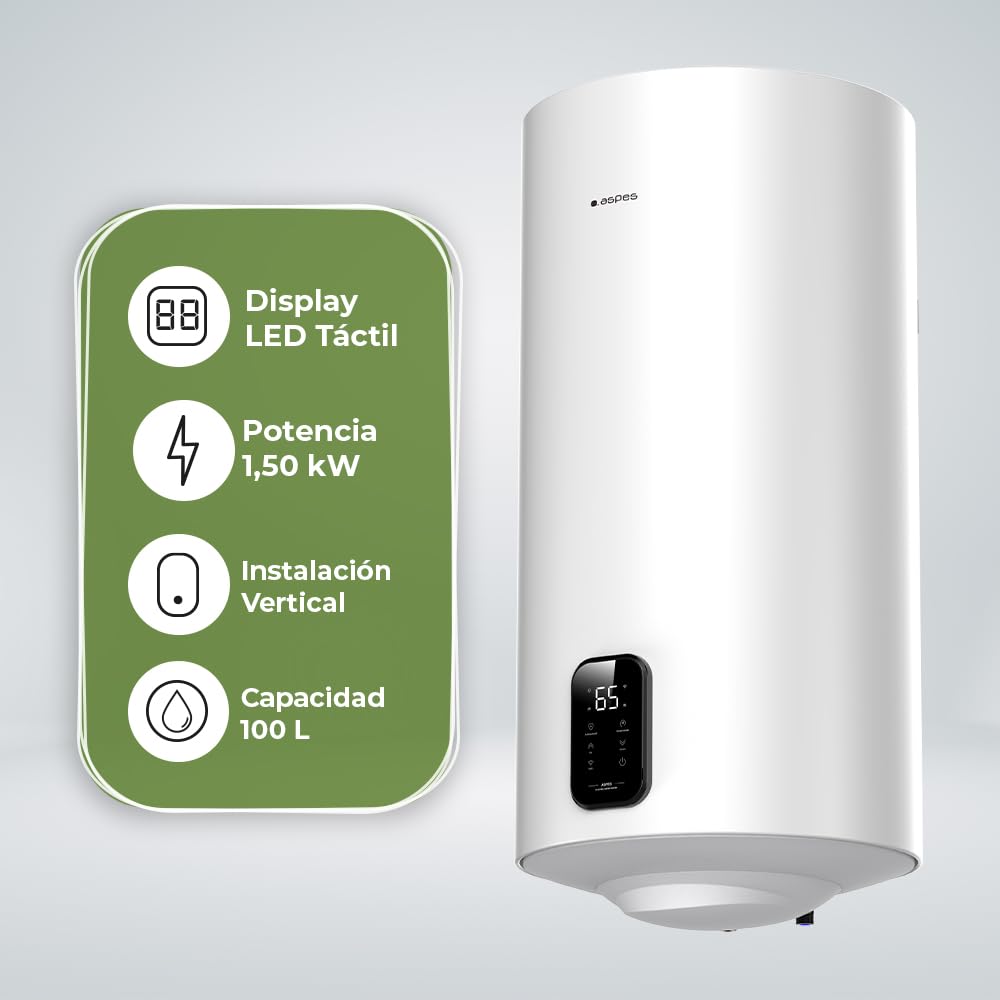 Aspes AT10000DW Elektrischer Durchlauferhitzer, 100 Liter, 1500 W, Montageset, emaillierter Stahl, digitales Thermostat, Temperatur max. 93 °C, Weiß, Energieeffizienz B
