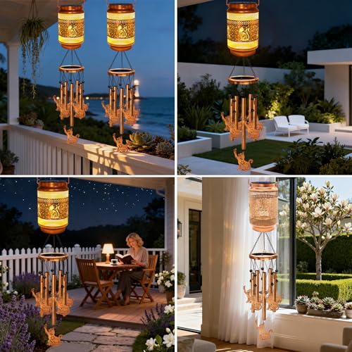 Image of 2 Pack Cat Solar Wind Chimes for Outside, Gifts for Mom Women Grandma Birthday Memorial Teacher, 32 inch Windchimes Outdoor Decor Hanging Solar Lantern for Garden Porch Patio Backyard