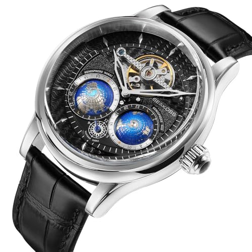 Image of SEAKOSS Luxury Automatic Mechanical Watch for Men, 47mm Skeleton Dress Watch with Dual Hemisphere Dial, Self Winding Movement, Genuine Leather Strap, 5ATM Waterproof