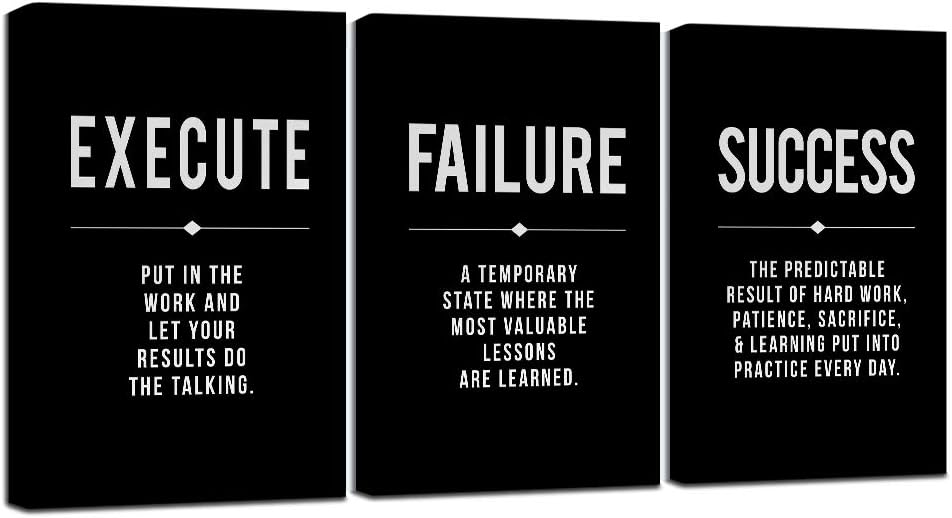 EPHANY Framed Canvas Wall Art Success Quote, Office Wall Art, Black Large Poster, Positive Motivational Set of 3 Prints, Execute Failure Definition, Inspirational Print (A-3pcs,12x16inchx3pcs)