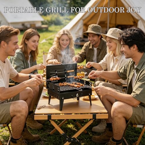 Koffergrill Tragbar, Klappgrill mit 3 Höhenstufen, Mini Grill Holzkohle für Camping & Garten, Tischgrill Holzkohle mit integriertem Werkzeugset, Leichtgewicht Campinggrill für Outdoor
