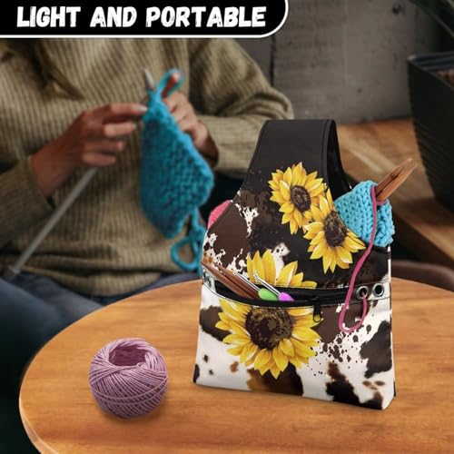 Image of KUIFORTI Sunflower Yarn Storage Bag Organizer Cow Print Crochet Tote Bag Portable Knitting Bags for Women Crochet Bags Small Size