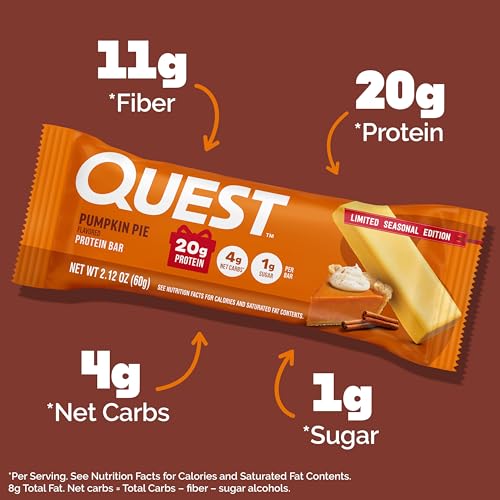 Image of Quest Nutrition Pumpkin Pie Protein Bar, 20g Protein, 12 Count | 11g Fiber, 4g Net Carbs, 1g Sugar, Gluten Free, High Quality Protein, Soft and Chewy, Individually Wrapped 2.12oz Bars