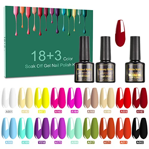 SINZONeu Vernis Semi Permanent 21 Manucure Nail Art Lot Vernis à Ongles Gel UV LED Nail Polish Soak Off 18 Couleurs Fluorescent Populaire, Base et Top Coat Matt, 8ml