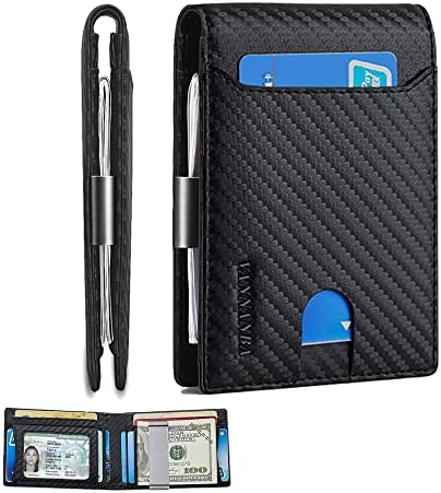 VANNANBA Minimalist Wallet for Men with Money Clip|ID Window|Large Capacity with 12 Card Slots|RFID Blocking,Carbon Fiber Front Pocket Credit Card Holder with Gift Box(Carbon Black)