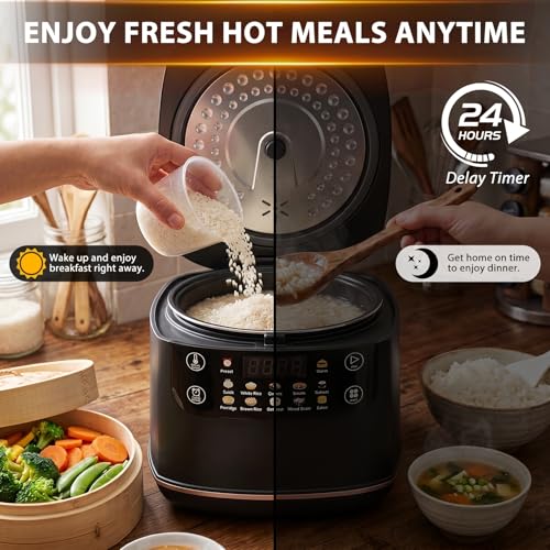 Image of Portable Digital Rice Cooker, 6-Cup (Uncooked) /12-Cup (Cooked) Small Rice Maker with Steaming Basket, Mini Rice Cooker with 2L Removable Nonstick Inner Pot, 10 Menu Options, Auto Keep Warm, 24 Hour Delay Timer (Black)
