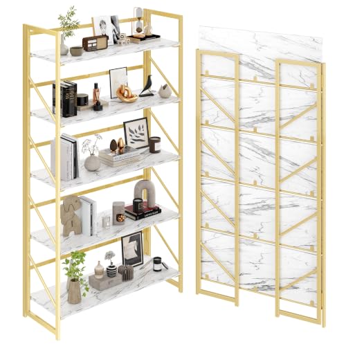 Image of JSB 5 Tier No Assembly Folding Bookshelf, 30.7 inch Wide Foldable Storage Bookcase for Home Office, Space-Saving Storage Shelf for Living Room (White&Gold)