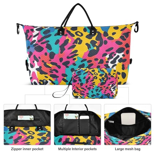 Weekender Bags Travel Duffel Gym Bag Leopard Print Rainbow Color Pattern Carry on Overnight Tote Bag with Toiletry Bag for Airplane Travel Trip Gym Yoga2