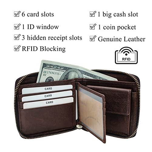 Image of boshiho Genuine Leather Bifold Chain Wallet for Men RFID Blocking | Heavy Duty Steel Anti-Theft Chain & 2 Zipper Coin Purse. Perfect for Bikers, Daily Commute, Gift for Dad /Husband